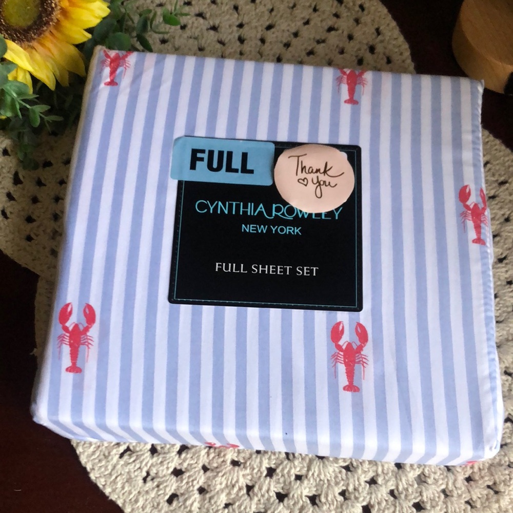 Cynthia Rowley Blue & White Stripe FULL Sheet Set with Red Lobster Print
